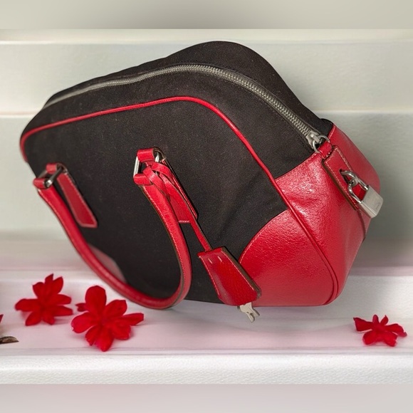 SOLD!! Not for Sale! Prada Cherry Red Brown Leather and Canvas Bowling Bag - Picture 2 of 14